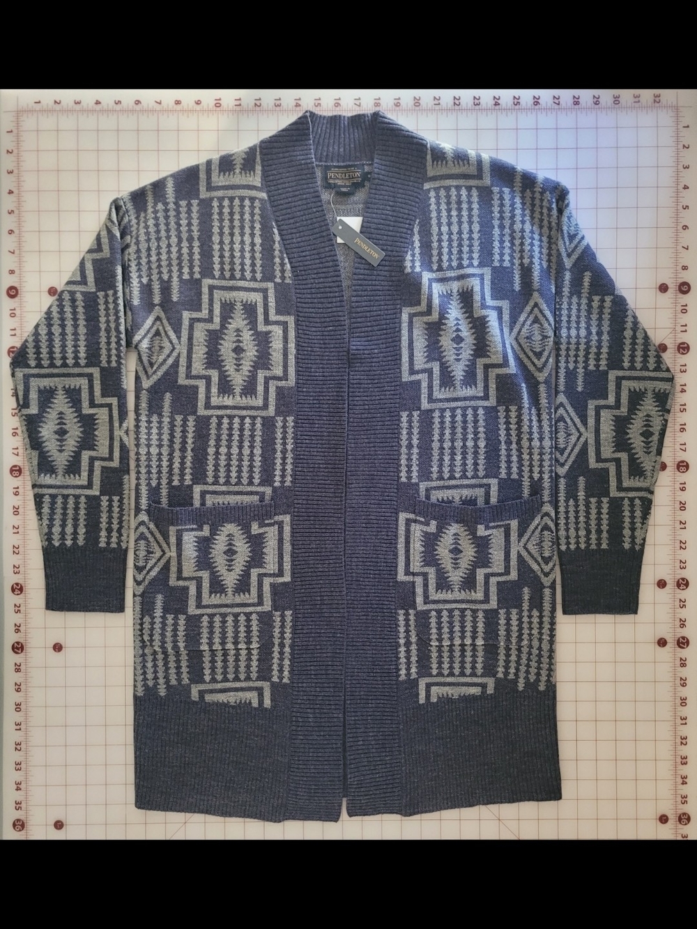 Pendleton Blue/Grey and Gray Wool Blend Geometric Open-Front Cardigan